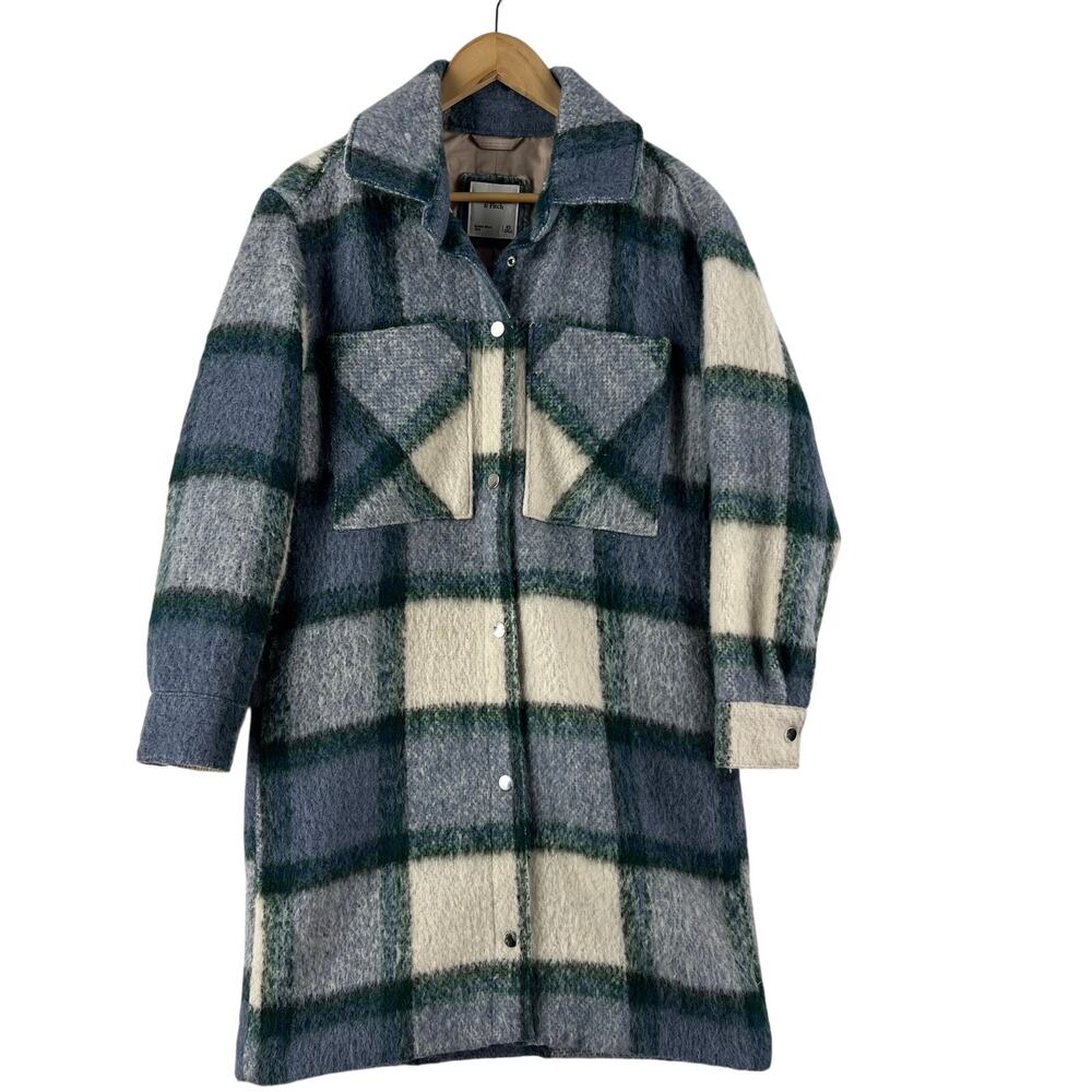 Abercrombie & Fitch WMNS Long-Length Wool-Blend Shacket SZ XS Cream/ Blue Plaid